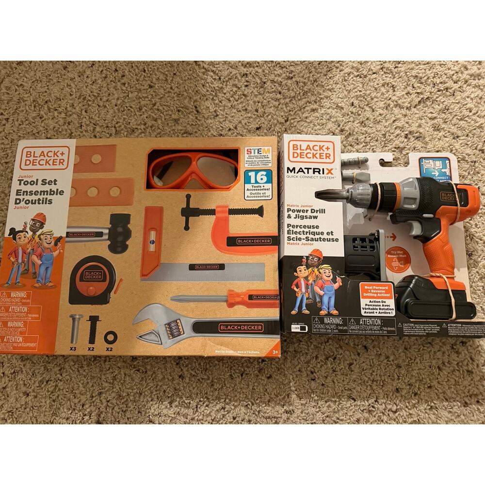 NIB Black & Decker Junior Tool Set & Matrix Power Drill Toy Bundle (2-Pack)